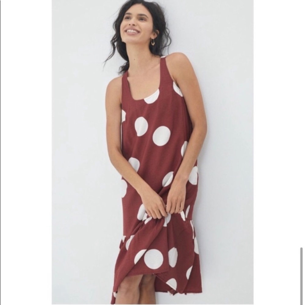 ANTHROPOLOGIE Michaela Flounced Polka Dot Terra Cotta Midi Dress Summer M - Picture 1 of 9